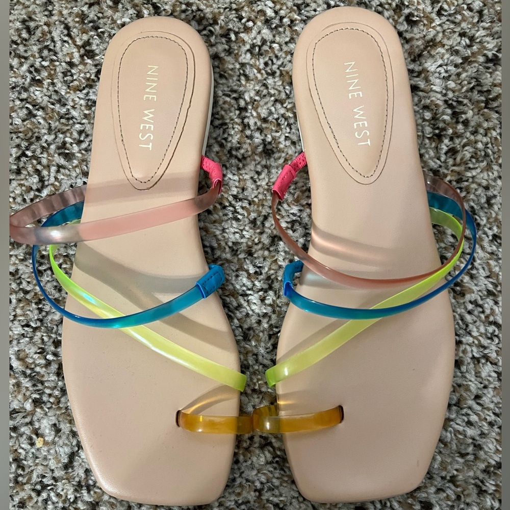 Nine West Rainbow Jelly Slip On Strappy Toe Loop Sandals SIZE 7.5